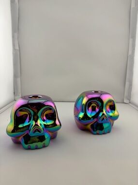 Killstar Iridescent Rainbow Skull Candle holders (set of 2)
